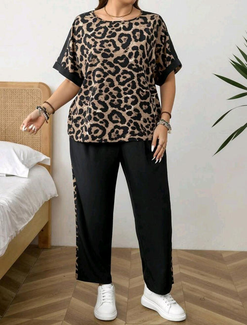 2 piezas Conjunto de talla grande Blusa de manga corta con estampado de leopardo, casual y de moda para uso diario