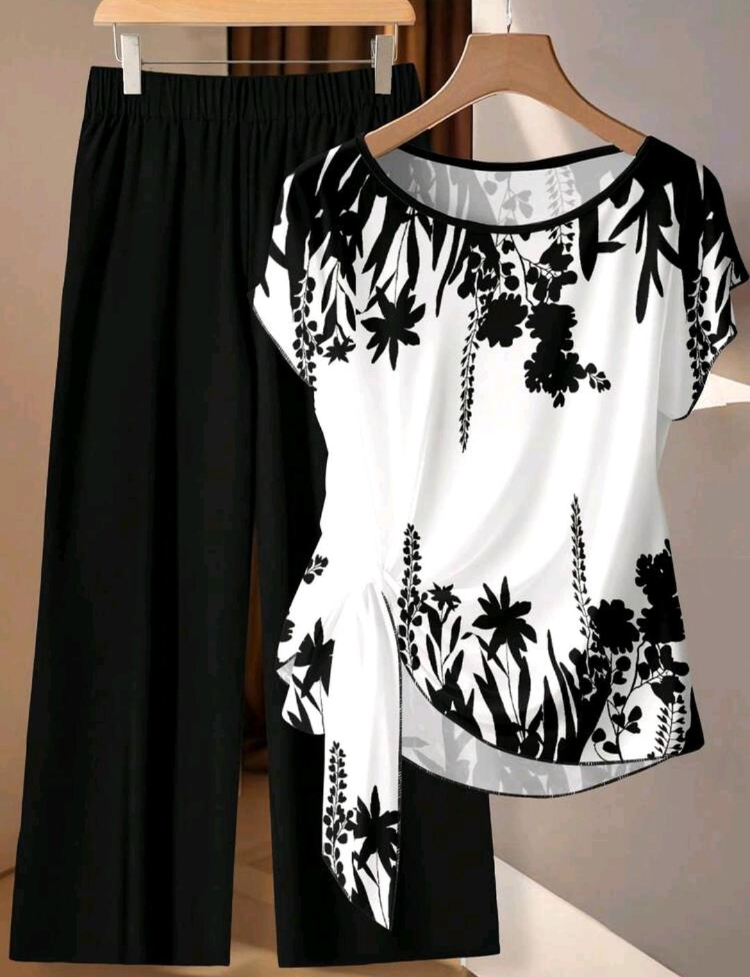 SHEIN Clasi 2 piezas Conjunto de camisa beige elegante y casual minimalista con estampado de silueta botánica en blanco y negro y pantalones sueltos negros. Perfecto para primavera y verano, vacaciones, estilo campestre, día, jardín y caminatas.