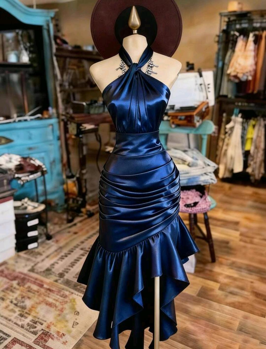 Vestido elegante con cuello halter y volantes | Bajo pedido