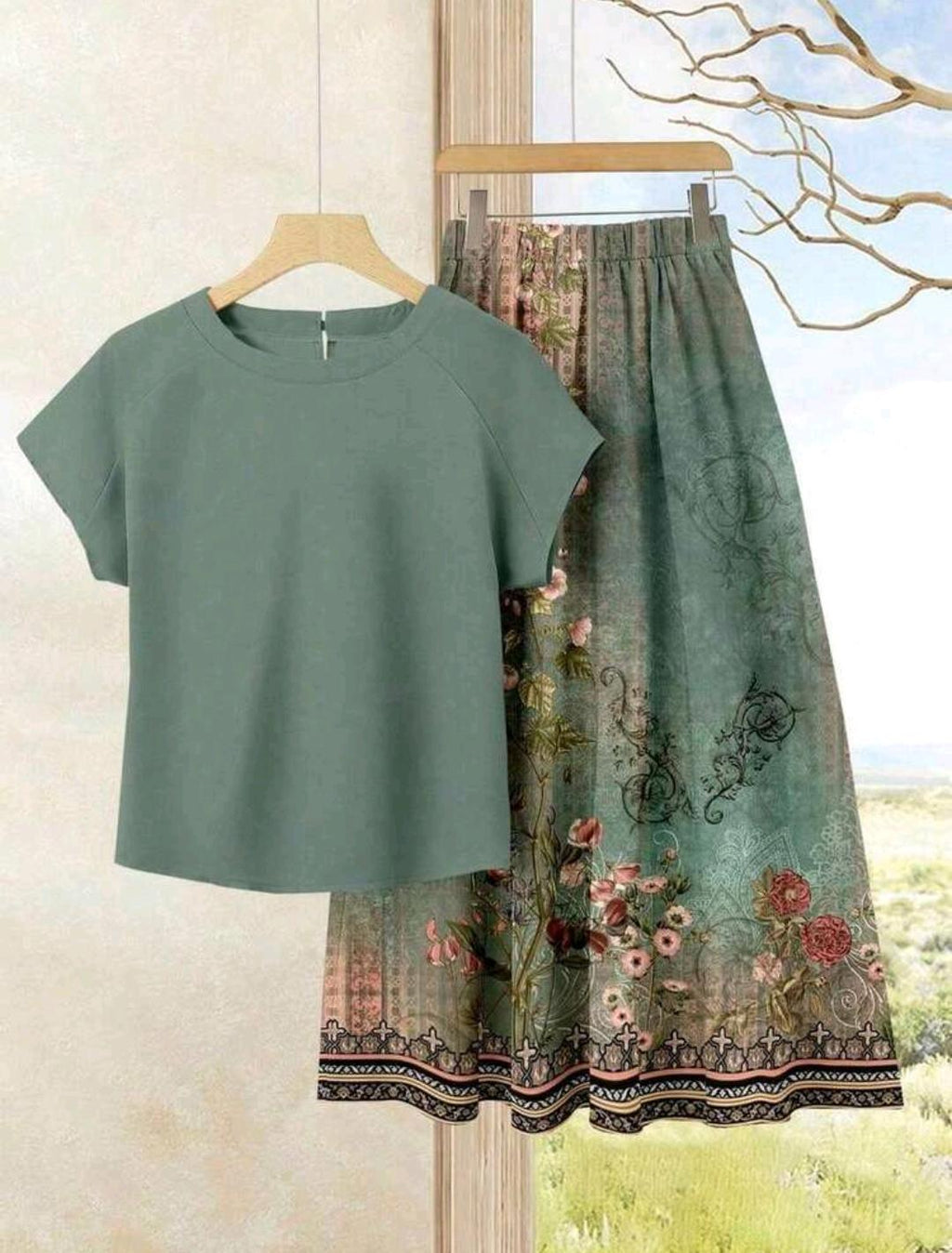 2 piezas Conjunto de top casual de unicolor + falda estampada para vacaciones de verano.
