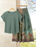 2 piezas Conjunto de top casual de unicolor + falda estampada para vacaciones de verano.