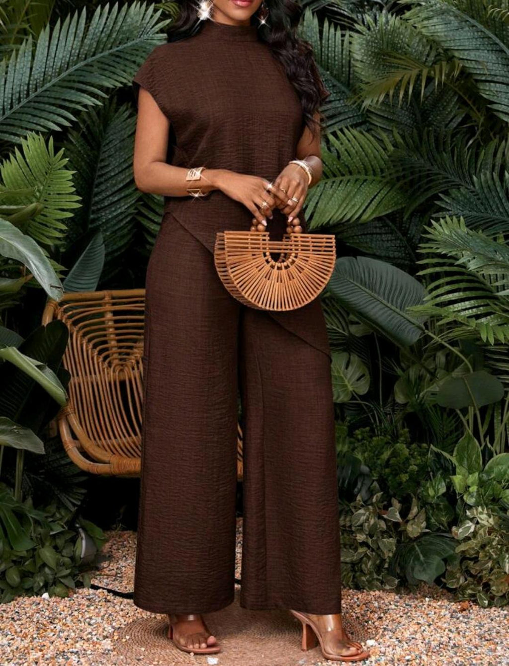Conjunto de dos piezas de top y pantalones de talla grande, unicolor casual con bajo asimétrico