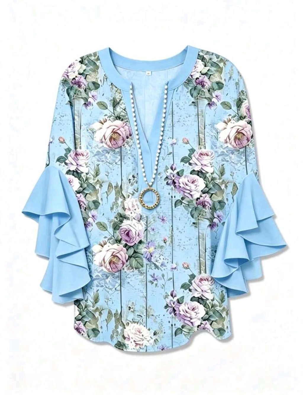 Blusa floral con cuello en V y mangas con volantes | Bajo pedido