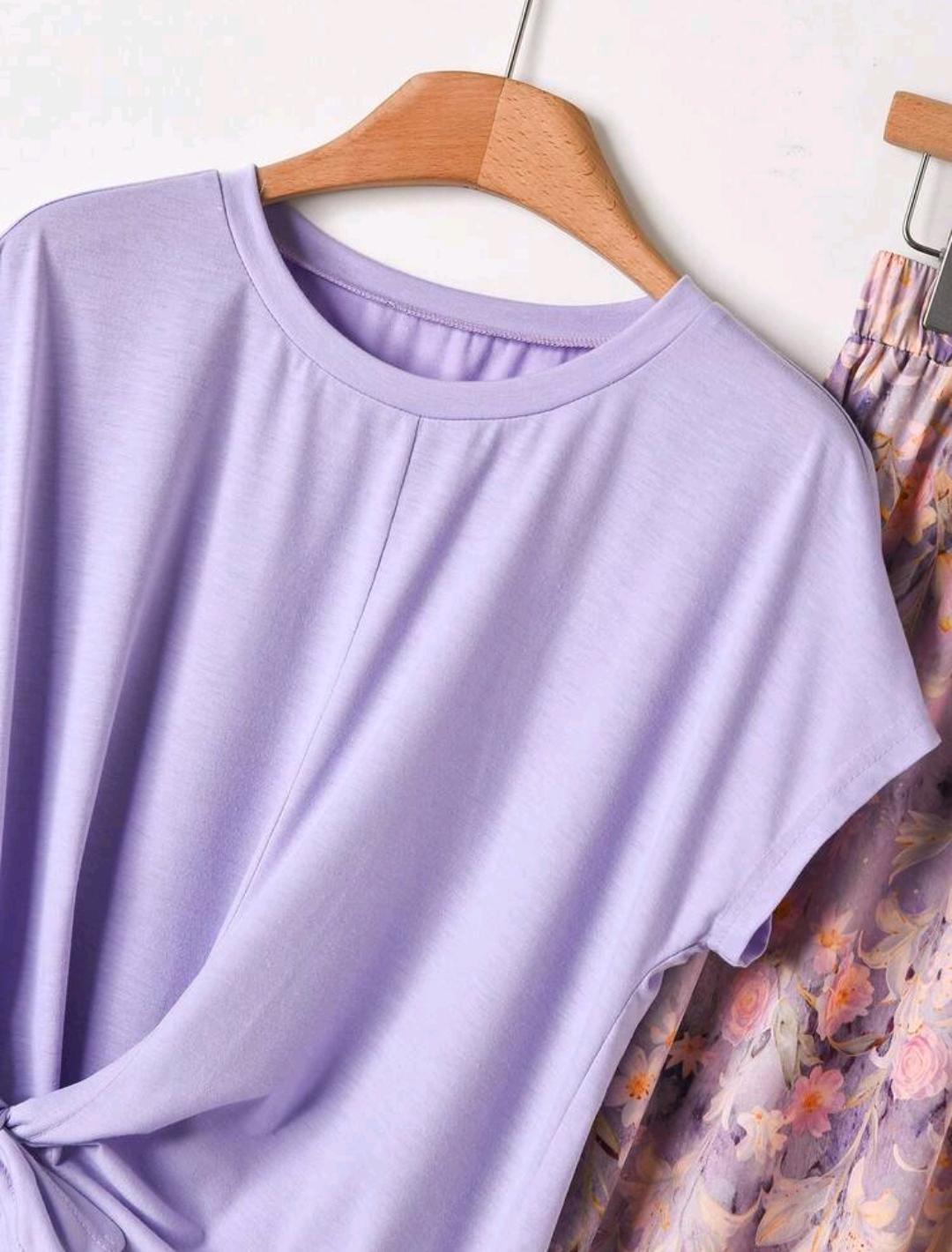 Rusticease Conjunto de 2 piezas para mujer: top de manga corta de unicolor & falda estampada