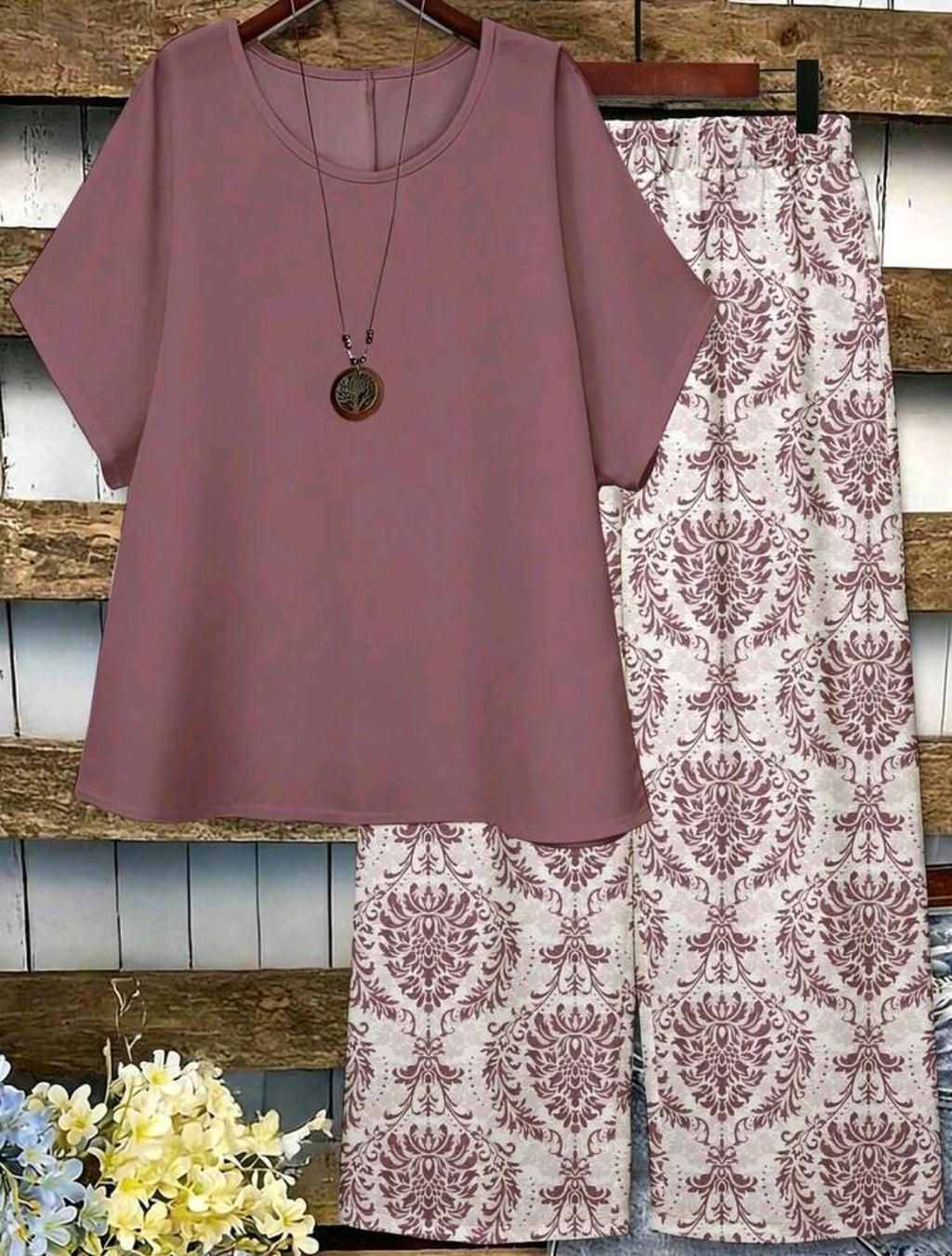 EMERY ROSE Conjunto de 2 piezas de top y pantalones estampados para mujer talla grande, estilo casual/vacacional con estampado.