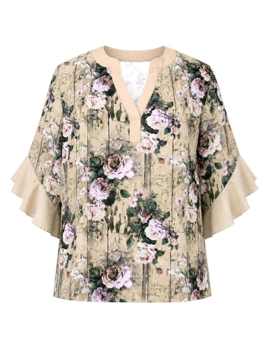 Blusa floral con cuello en V y mangas con volantes | Bajo pedido