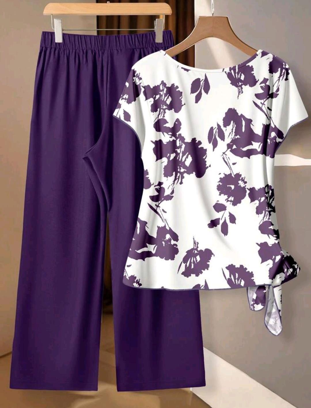 EMERY ROSE Conjunto casual de 2 piezas para mujer talla grande con camisa de manga corta con estampado floral y pantalones de pierna ancha.