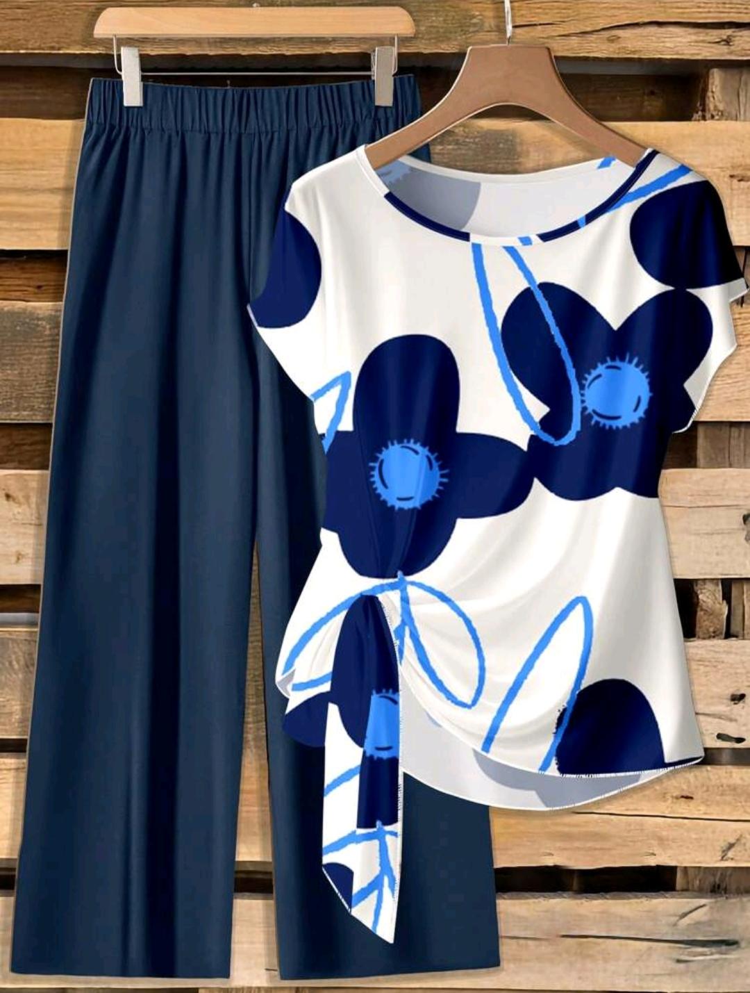 SHEIN LUNE Conjunto informal de 2 piezas de camisa de mujer con estampado floral azul con lazo y pantalones rectos sueltos, adecuado para vacaciones de verano