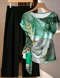 EMERY ROSE Conjunto de 2 piezas de talla grande con estampado de textura de mármol elegante, adecuado para fiestas.