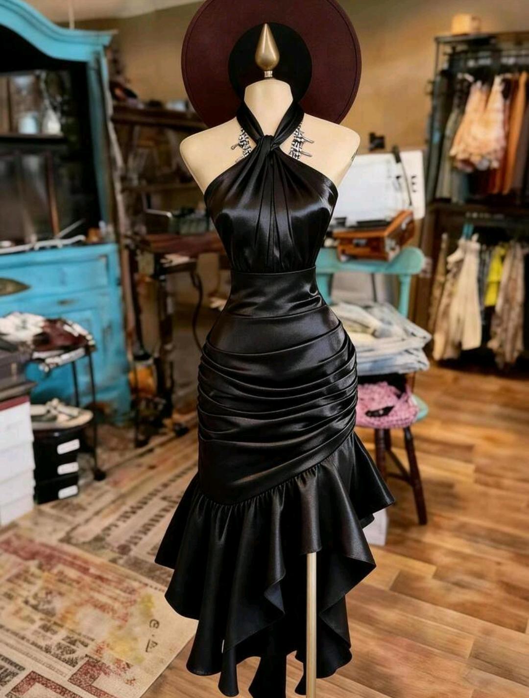Vestido elegante con cuello halter y volantes | Bajo pedido