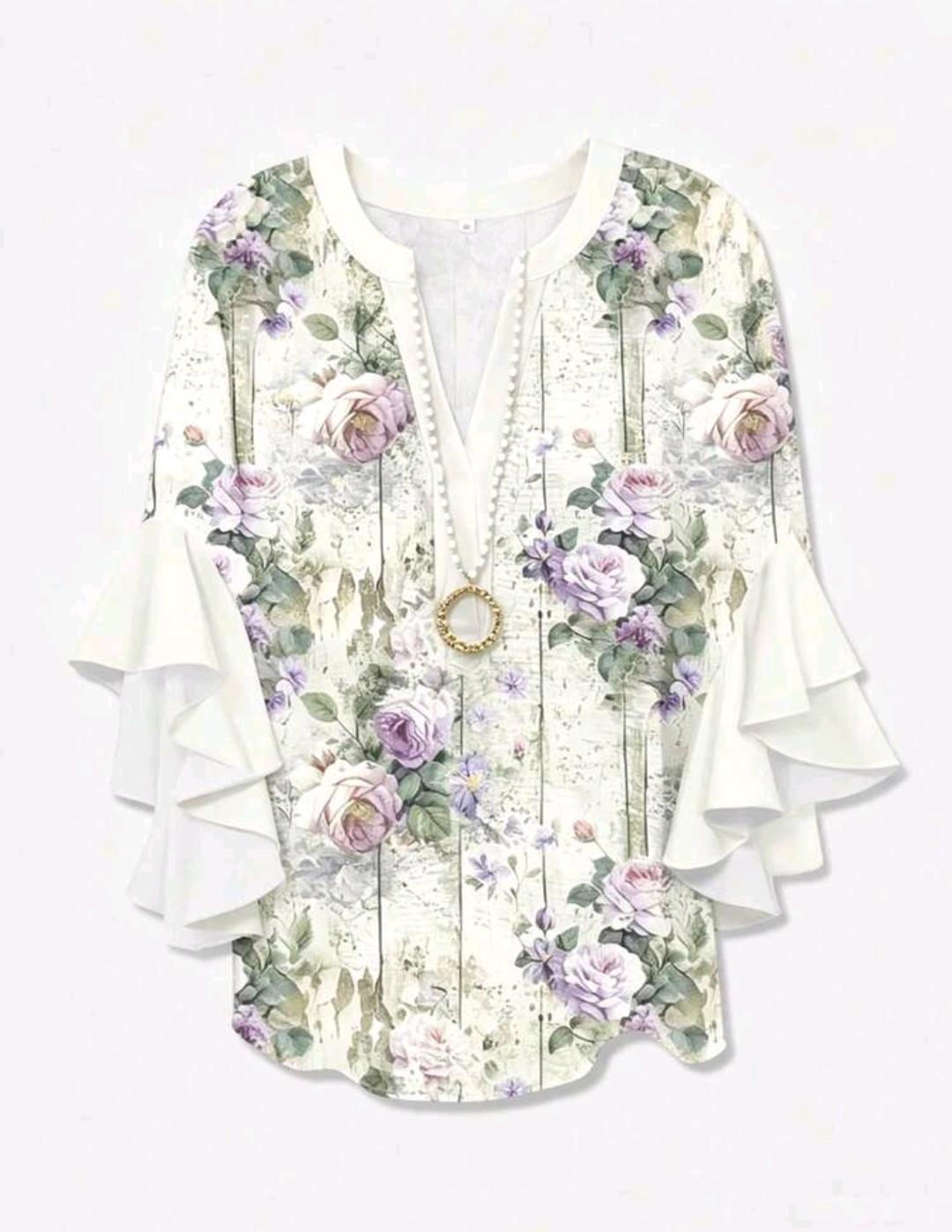 Blusa floral con cuello en V y mangas con volantes | Bajo pedido