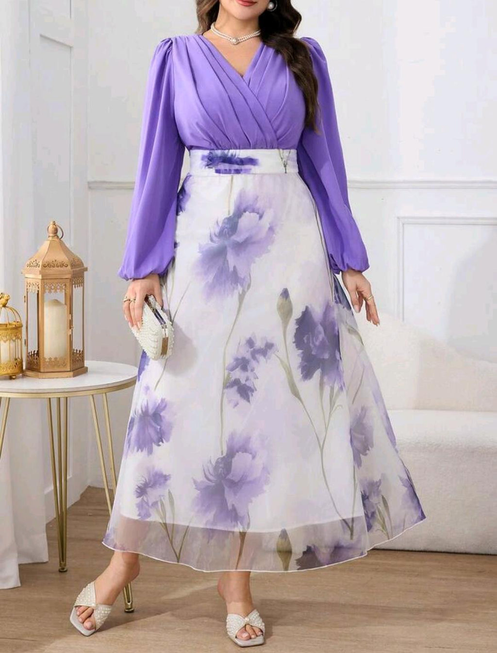 Modelyn Vestido de talla grande para mujer, estilo elegante con estampado floral, mangas de farol y cintura ceñida, estilo resort