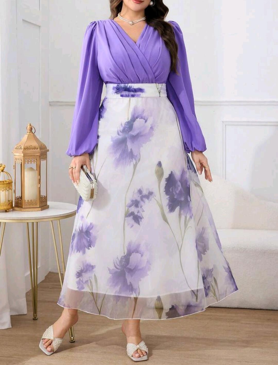 Modelyn Vestido de talla grande para mujer, estilo elegante con estampado floral, mangas de farol y cintura ceñida, estilo resort