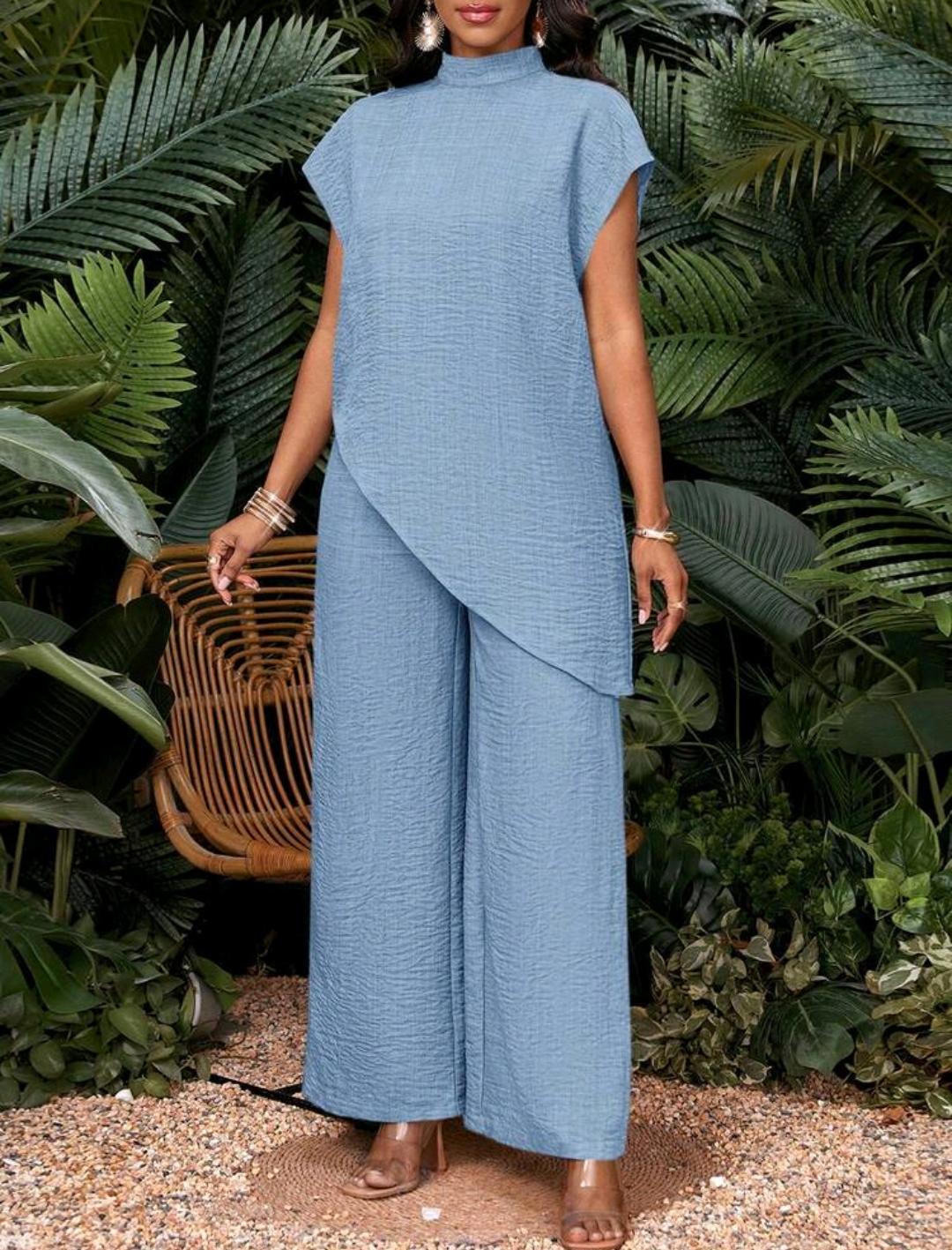 Conjunto de 2 piezas de top y pantalones de unicolor con bajo asimétrico para vacaciones de mujer