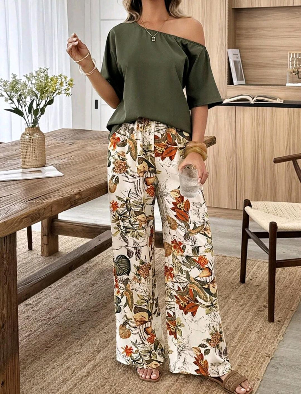 Conjunto casual de 2 piezas para vacaciones con top de hombro asimétrico con estampado de hojas y pantalones de pierna recta, primavera/verano, para mujeres.