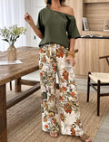Conjunto casual de 2 piezas para vacaciones con top de hombro asimétrico con estampado de hojas y pantalones de pierna recta, primavera/verano, para mujeres.