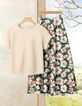 Rusticease Conjunto de 2 piezas para mujer de verano elegante color beige liso con top & falda estampada, atuendo casual para fiesta de té, manga corta cómodo para vacaciones.