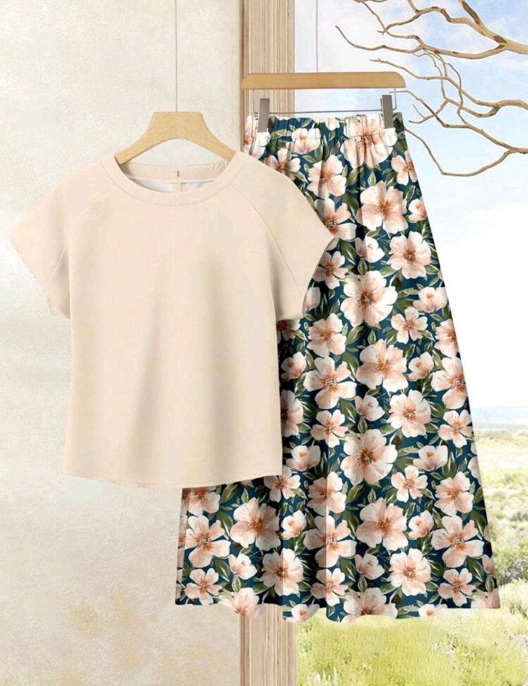 Rusticease Conjunto de 2 piezas para mujer de verano elegante color beige liso con top & falda estampada, atuendo casual para fiesta de té, manga corta cómodo para vacaciones.