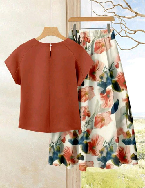 2 piezas Conjunto casual de verano para mujer con parte superior de unicolor + falda estampada floral, estilo casual.