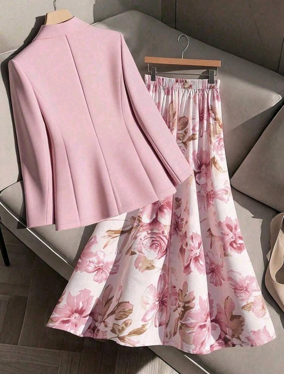 GlowEve CURVE Conjunto de 2 piezas de mujer talla grande con blazer elegante y estampado floral y falda holgada de línea A, conjunto de traje sastre informal de negocios, traje de falda con estampado floral y blazer para primavera.