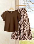 2 piezas Conjunto casual de verano para mujer con parte superior de unicolor + falda estampada.