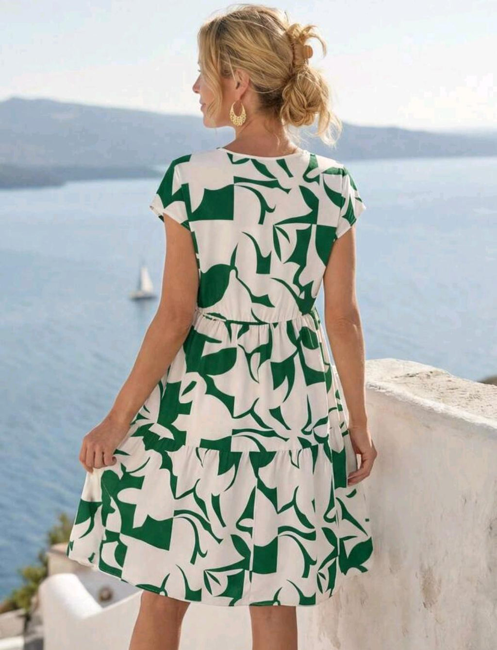 Vestido corto casual de manga corta con cuello redondo y estampado geométrico para mujer, primavera/verano