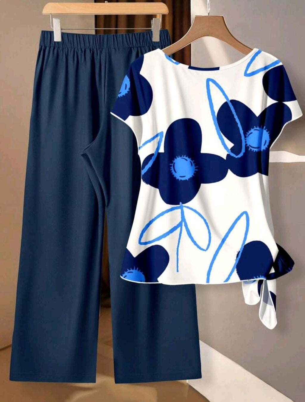 SHEIN LUNE Conjunto informal de 2 piezas de camisa de mujer con estampado floral azul con lazo y pantalones rectos sueltos, adecuado para vacaciones de verano
