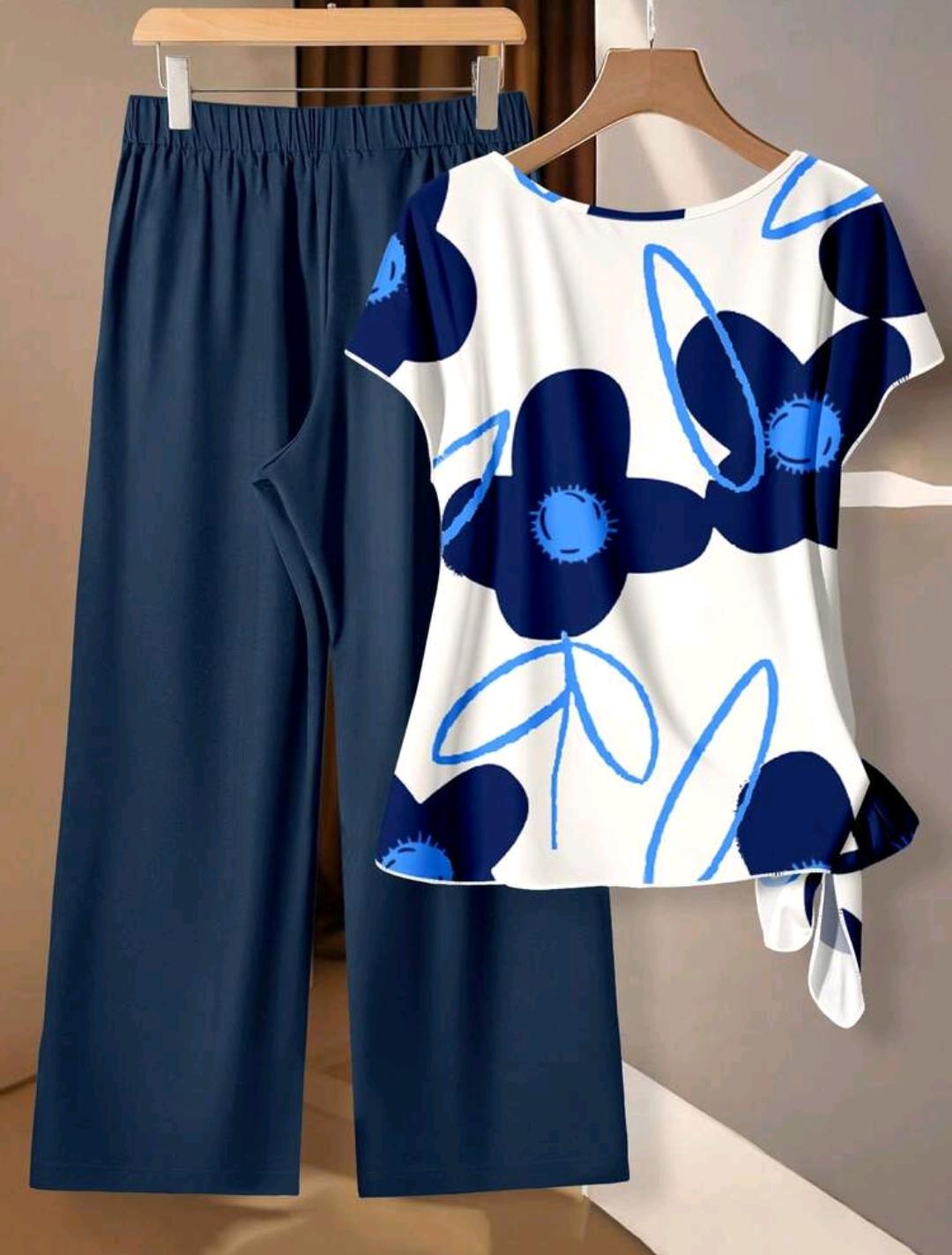 SHEIN LUNE Conjunto informal de 2 piezas de camisa de mujer con estampado floral azul con lazo y pantalones rectos sueltos, adecuado para vacaciones de verano