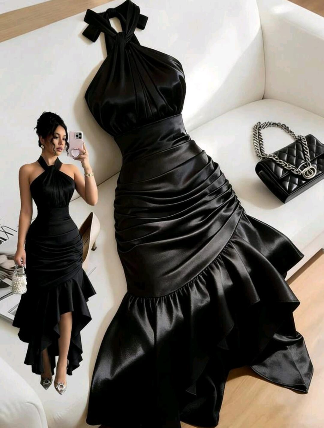 Vestido elegante con cuello halter y volantes | Bajo pedido