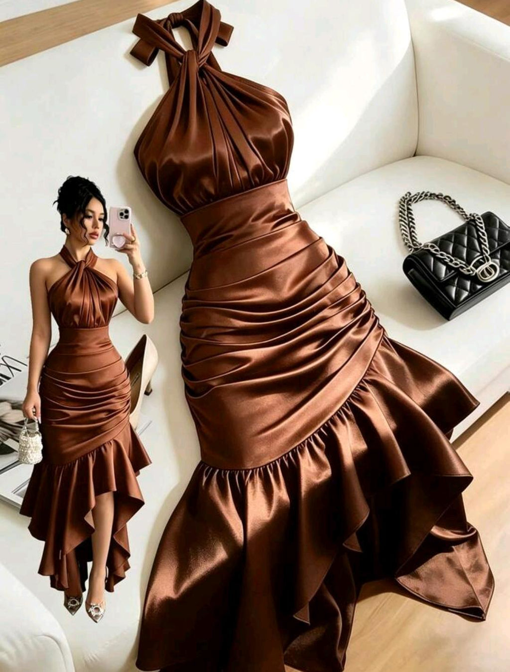 Vestido elegante con cuello halter y volantes | Bajo pedido