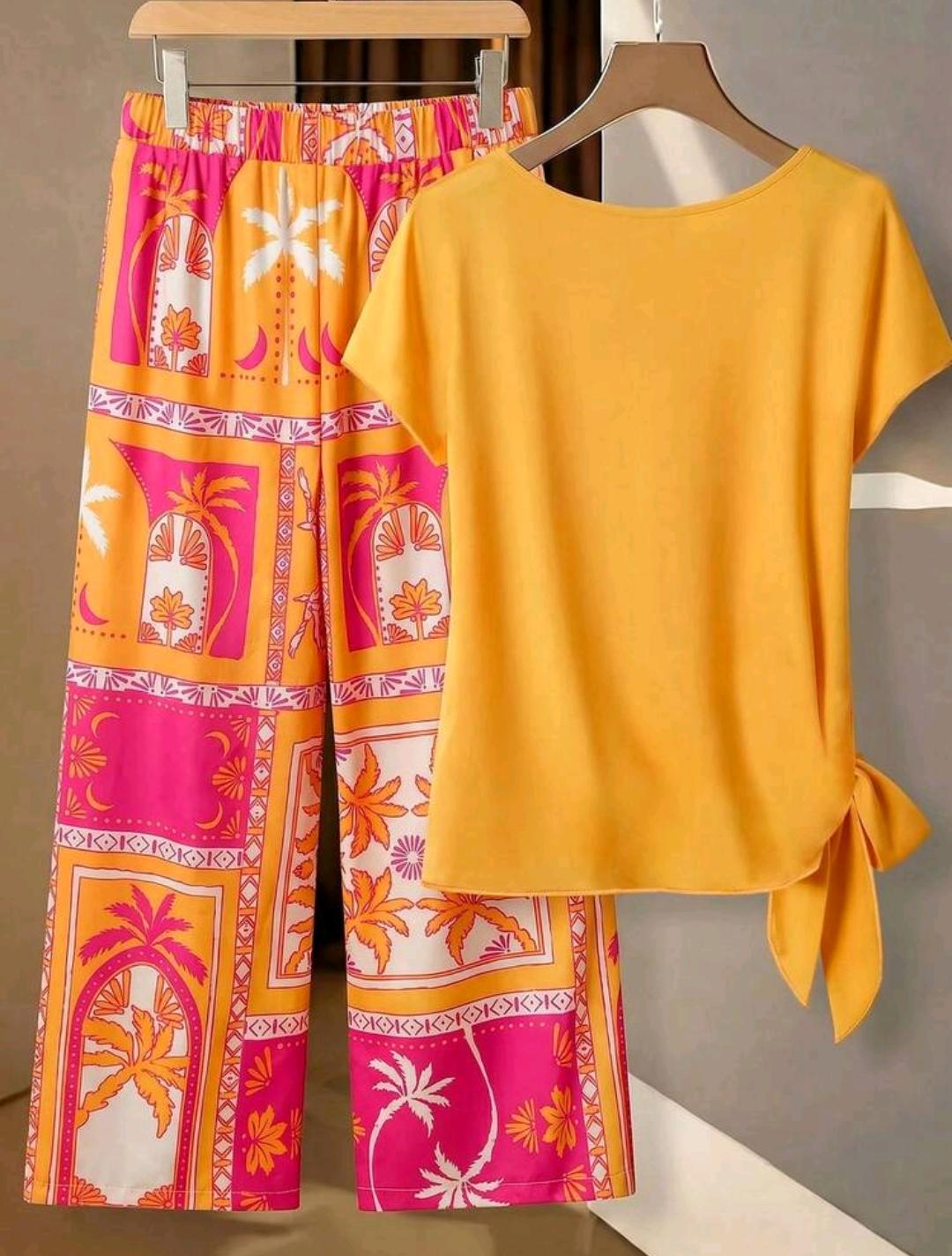 Conjunto informal de 2 piezas para mujer con camisa de cuello redondo de manga corta y unicolor con nudo y pantalones con estampado de palmeras