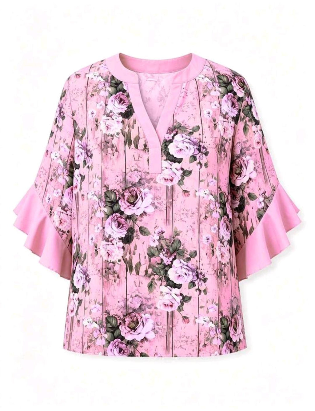 Blusa floral con cuello en V y mangas con volantes | Bajo pedido
