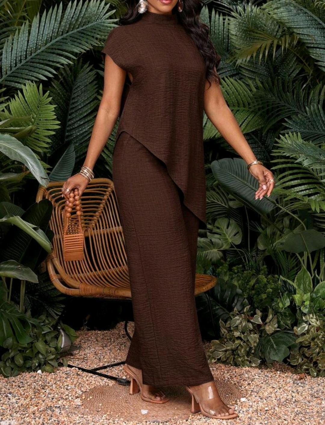 Conjunto de dos piezas de top y pantalones de talla grande, unicolor casual con bajo asimétrico
