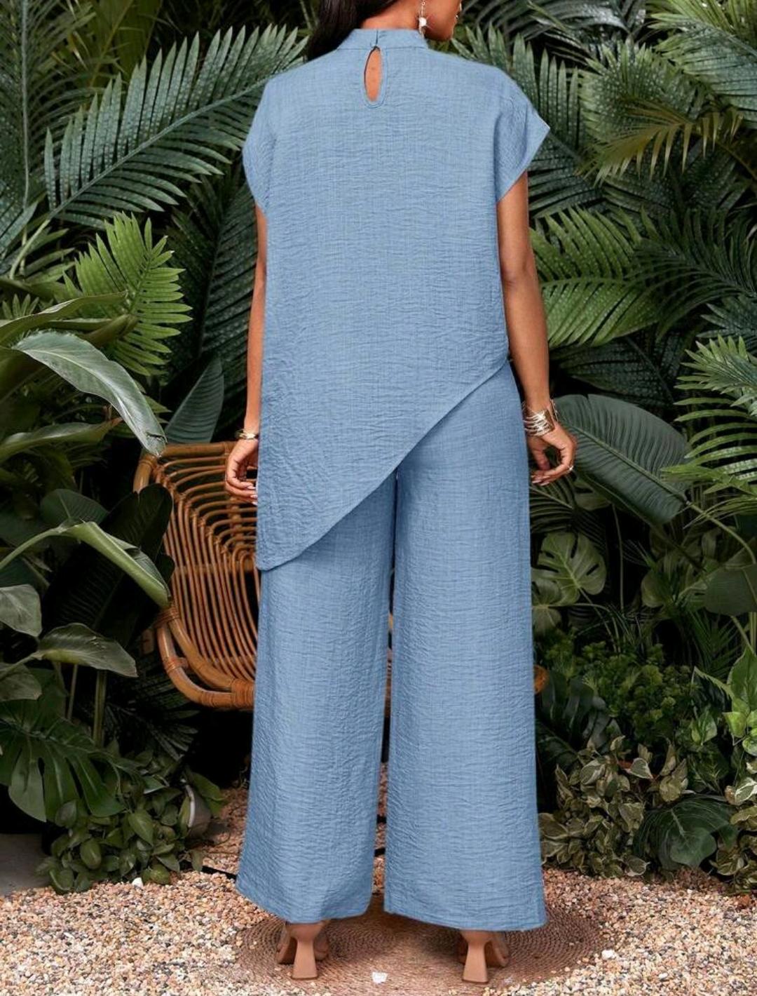 Conjunto de 2 piezas de top y pantalones de unicolor con bajo asimétrico para vacaciones de mujer