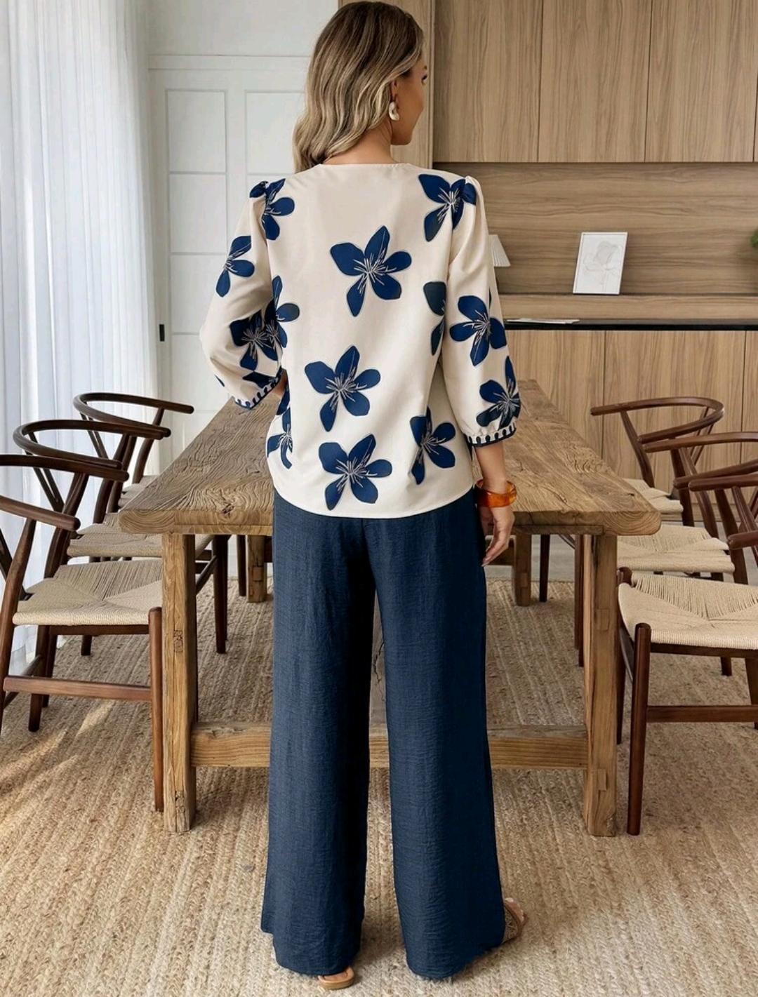 Conjunto de 2 piezas de blusa de manga corta con cuello en V y estampado floral, y pantalones holgados, ropa casual de vacaciones, primavera/verano