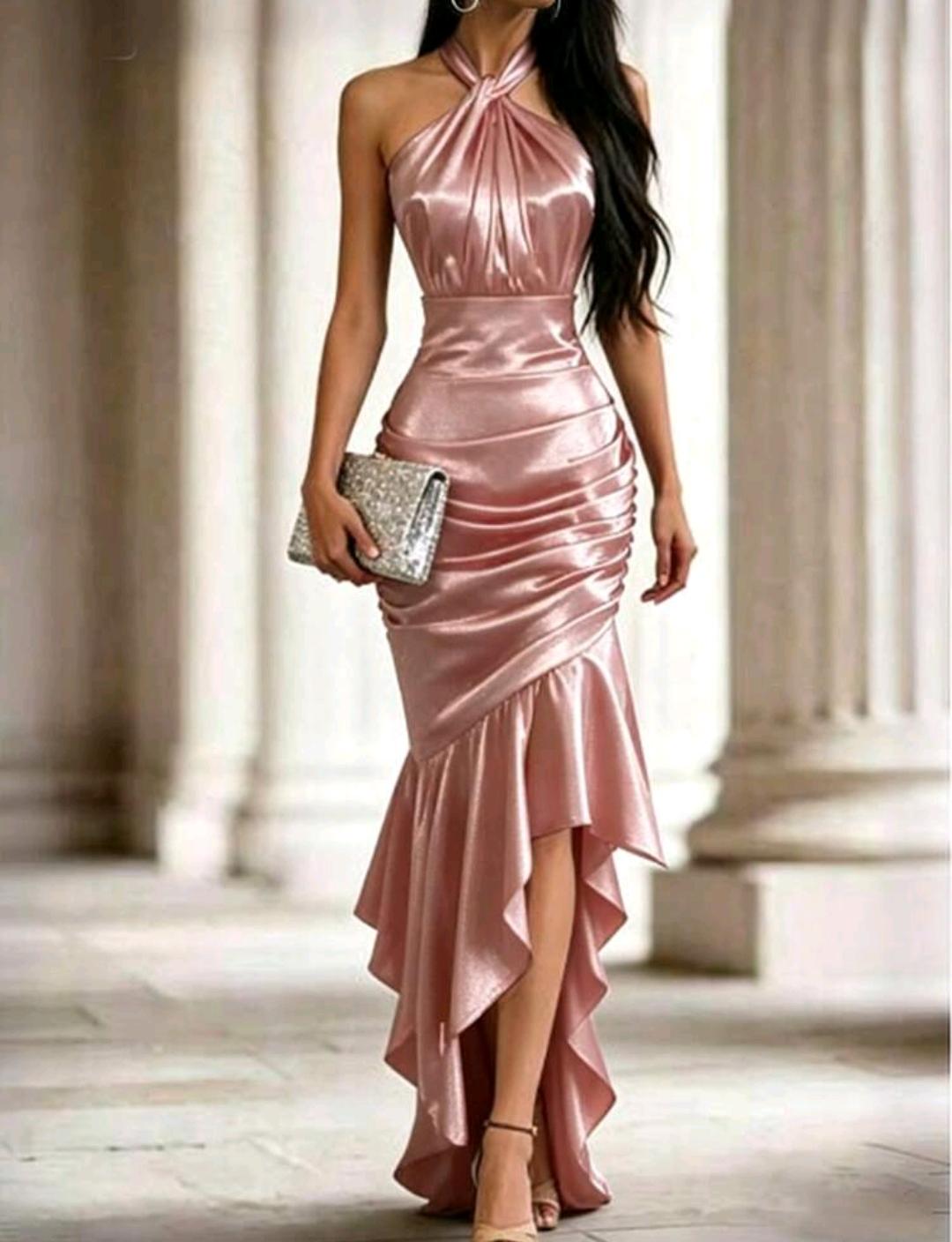 Vestido elegante con cuello halter y volantes | Bajo pedido