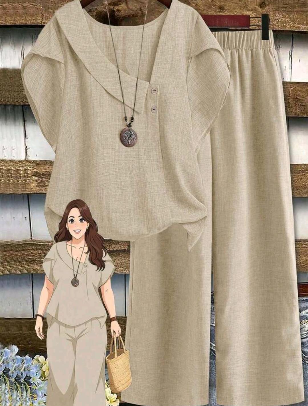 Conjunto de blusa lisa y pantalón ancho estampado | Bajo pedido
