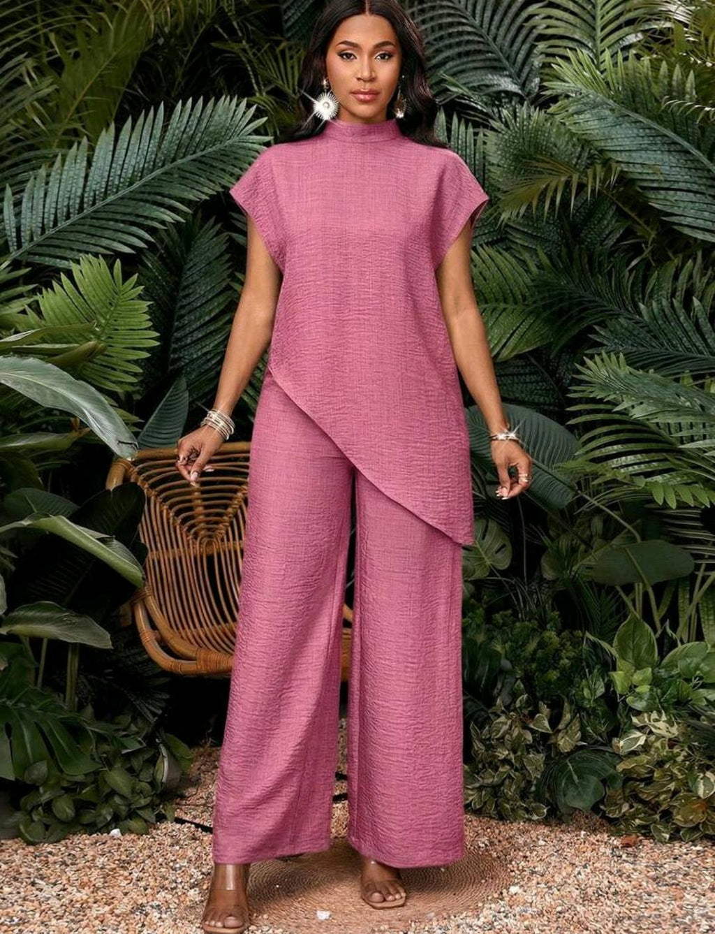 Conjunto de 2 piezas de top y pantalones de unicolor con bajo asimétrico para vacaciones de mujer