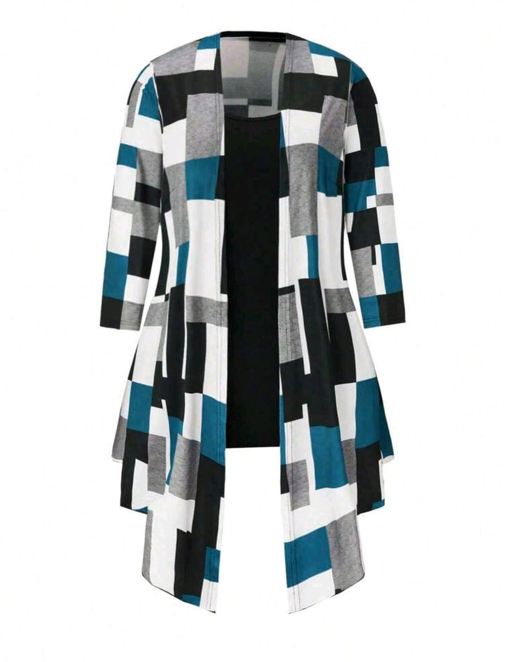 Conjunto de 3 piezas de chaqueta con cinturón, camiseta y leggings con estampado de patchwork para mujer talla grande, para primavera/otoño
