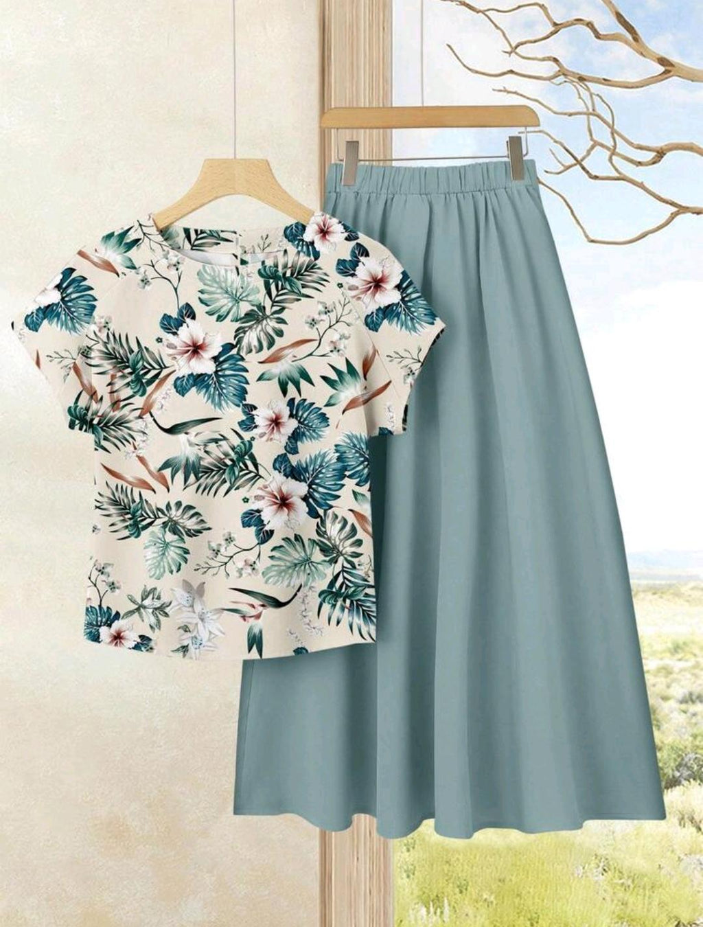 Conjunto de blusa con estampado de hojas tropicales + falda midi color sólido, conjunto de ropa de verano para mujer.