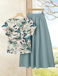 Conjunto de blusa con estampado de hojas tropicales + falda midi color sólido, conjunto de ropa de verano para mujer.