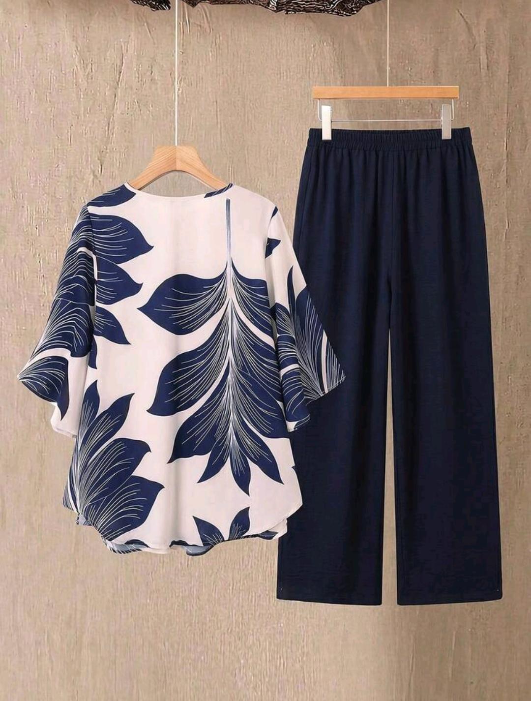 Conjunto de top y pantalones con estampado floral para mujer talla grande, conjunto casual de vacaciones, primavera/verano