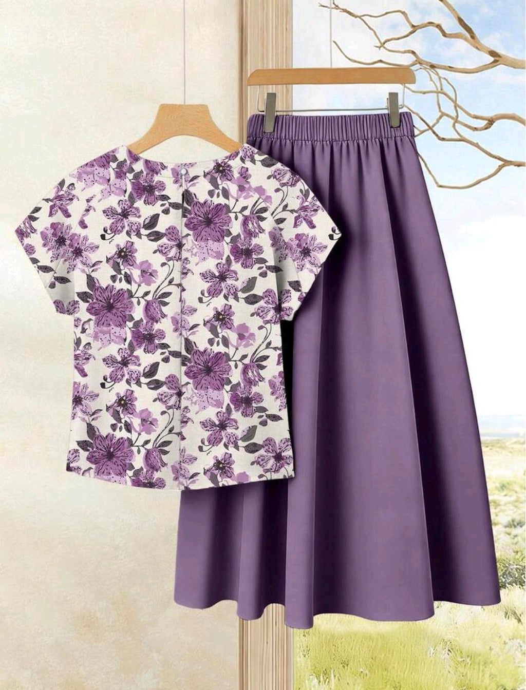 2 piezas conjunto de falda unicolor y blusa con estampado floral.
