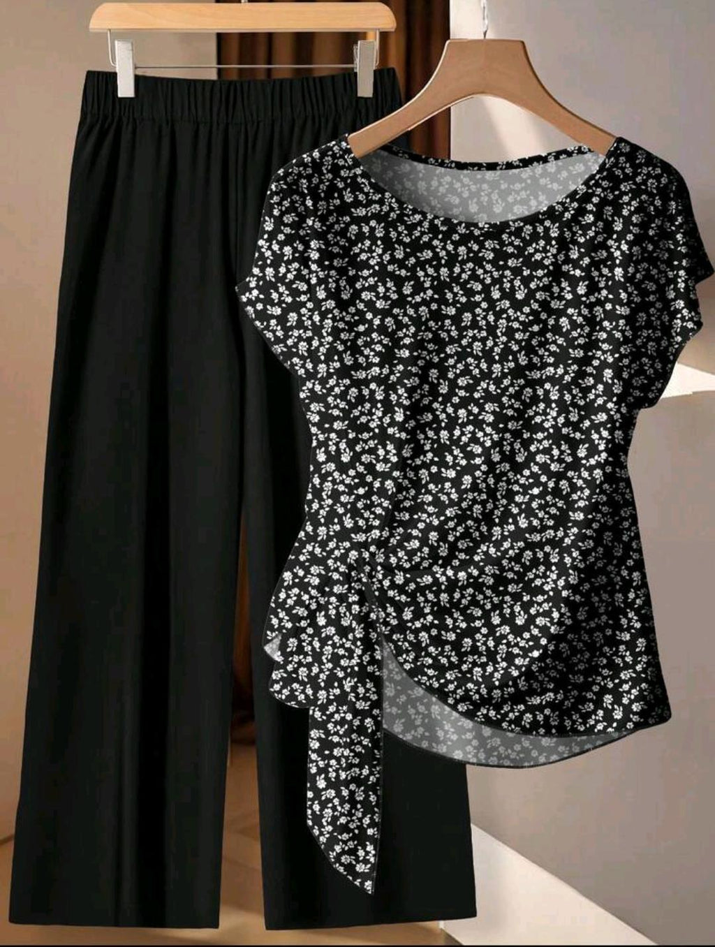 Conjunto de 2 piezas de blusa con lazo y pantalones rectos para mujer