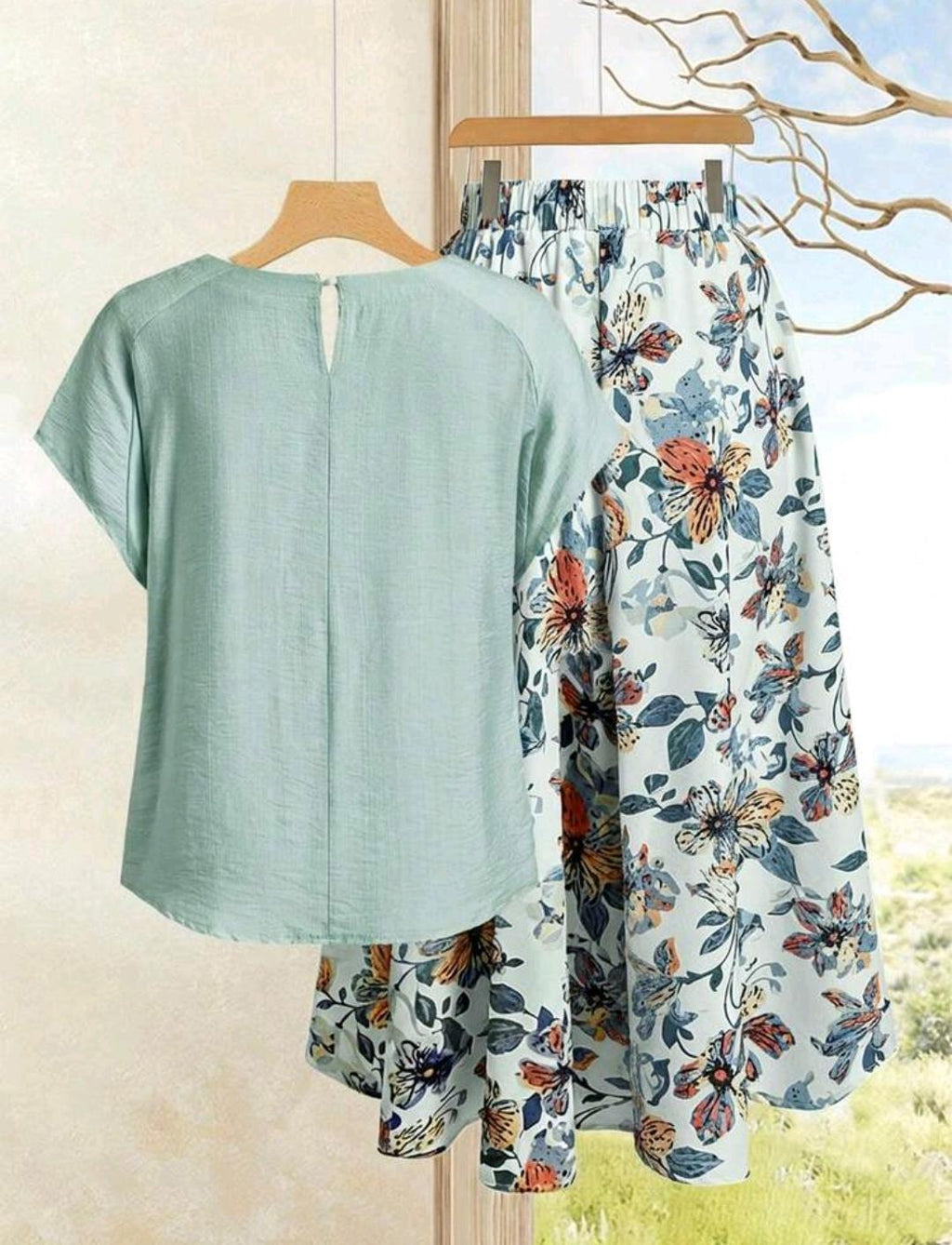Rusticease Conjunto de 2 piezas de blusa de unicolor casual y falda acampanada con estampado floral para mujer, de verano.