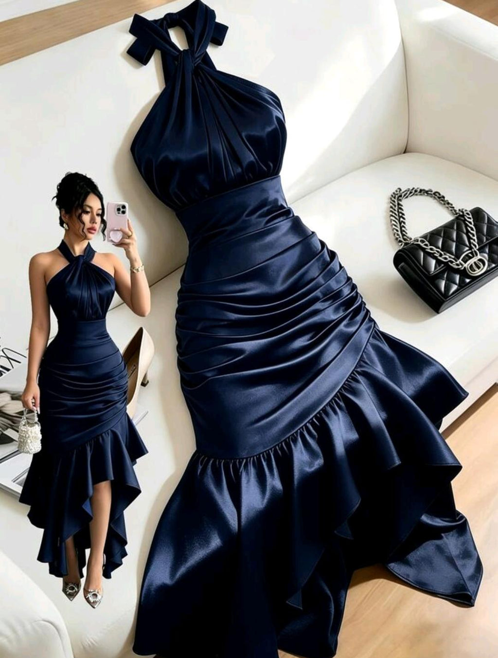 Vestido elegante con cuello halter y volantes | Bajo pedido