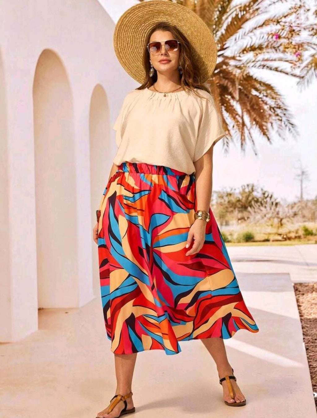 EMERY ROSE Conjunto de 2 piezas de talla grande para vacaciones de verano con blusa de manga murciélago de unicolor y minifalda con estampado total, ropa de verano para mujeres de talla grande, ropa de verano.