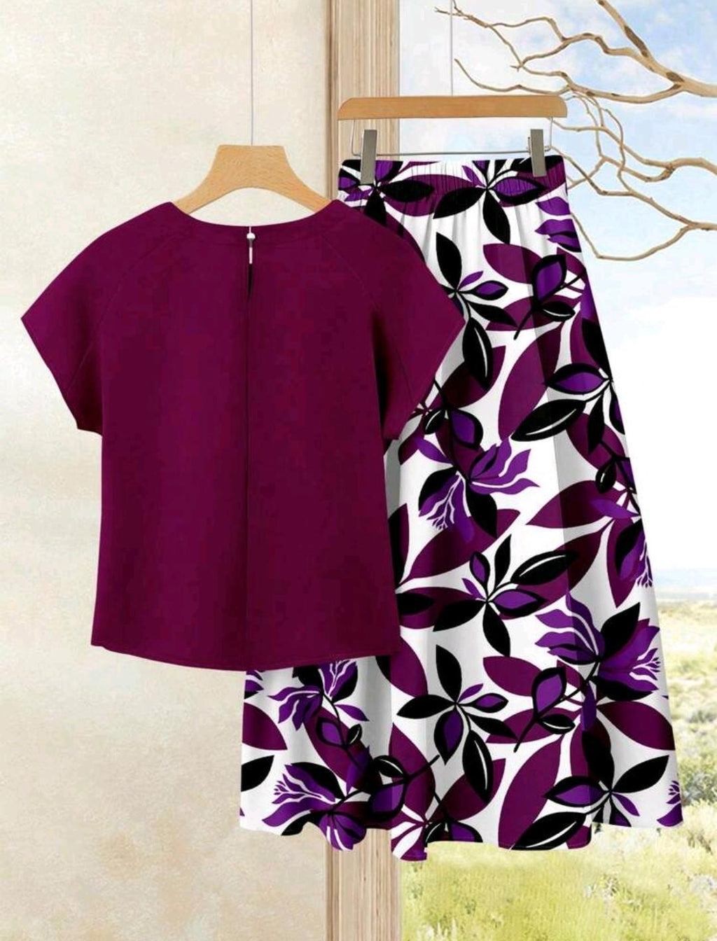 Conjunto de 2 piezas de falda con estampado y blusa color vinotinto