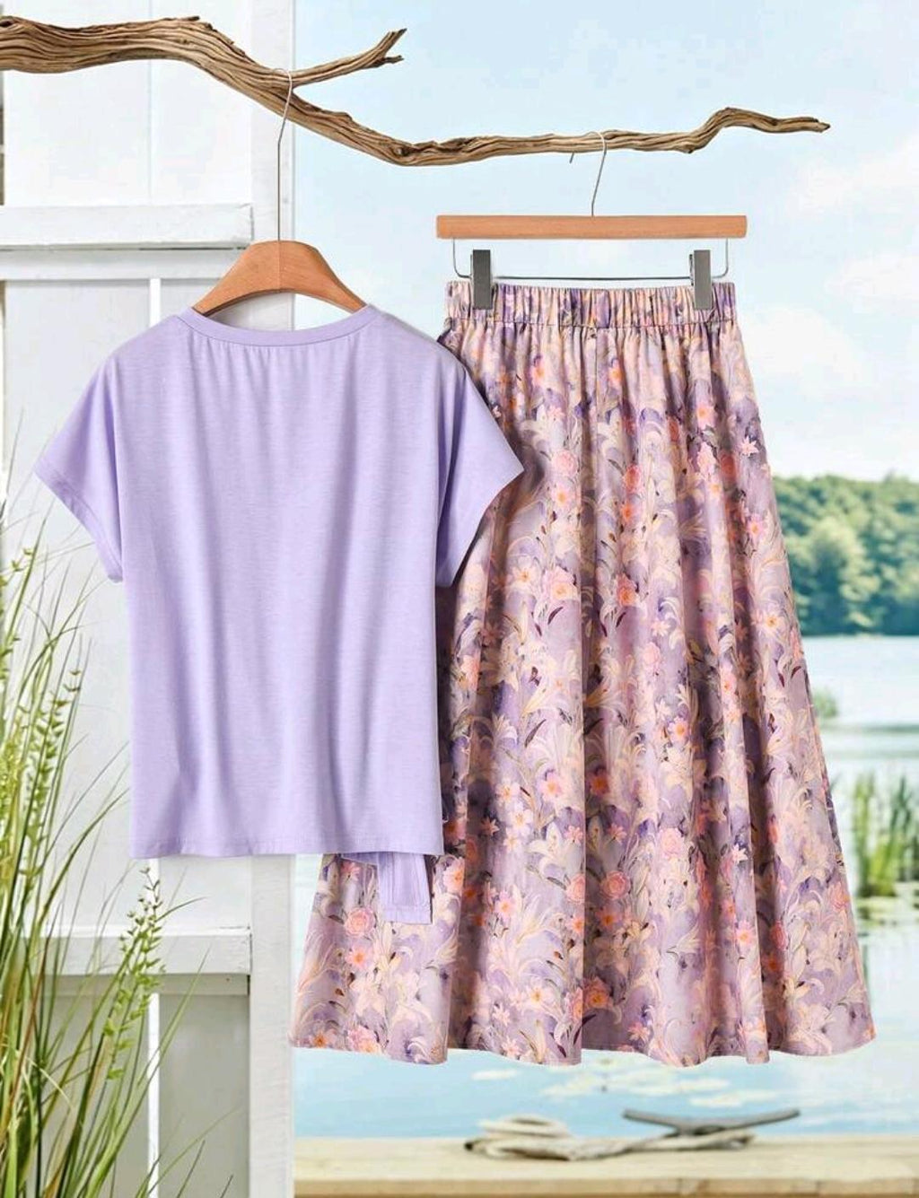 Rusticease Conjunto de 2 piezas para mujer: top de manga corta de unicolor & falda estampada
