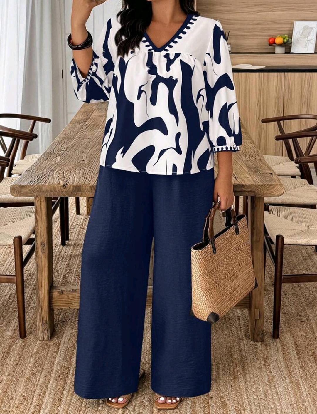 SHEIN LUNE Conjunto informal de blusa de manga farol con cuello en V y pantalón de pierna ancha para mujer talla grande, adecuado para uso diario, fiestas y vacaciones.
